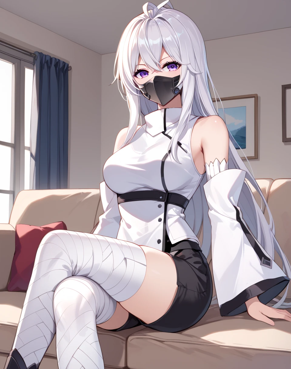 Gu_Yuena, white hair, long hair, purple eyes,  antenna hair, guyuena clothes, collared shirt, detached sleeves, wide sleeves, patterned thighhighs, black shorts, armor mask BREAK  indoors, living room  BREAK looking at viewer, sexy face, sitted on sofa, sit, crossed legs  BREAK score_9, score_8_up, score_7_up, source_anime ,zPDXL,manhua, <lora:Gu_Yuena:0.8>