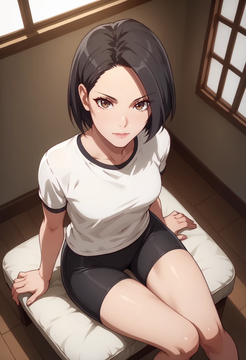 score_9, score_8_up,
1girl, <lora:SilviaSevere_OffSeason_PDXL:1>, silviasevere, short hair, black hair, brown eyes,
bike shorts, sitting, from above, looking at viewer,
indoors