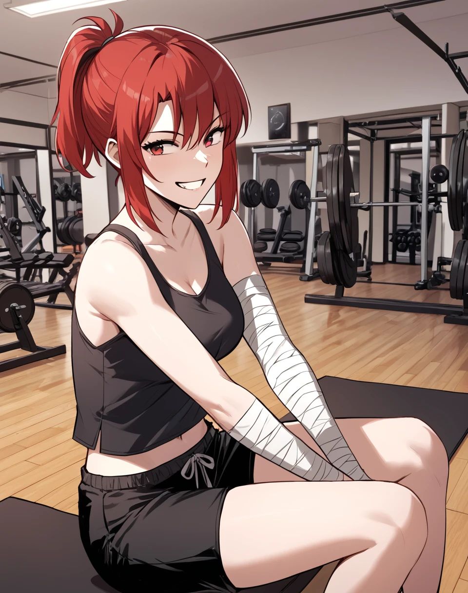 Judith_Zeron, red hair, short hair, red eyes, black top tank, black shorts, arm band, bandaged arms, short ponytail  <lora:Judith_Zeron-000017:0.8> BREAK indoors, gym, grin, proud look BREAK score_9, score_8_up, score_7_up, source_anime ,zPDXL,