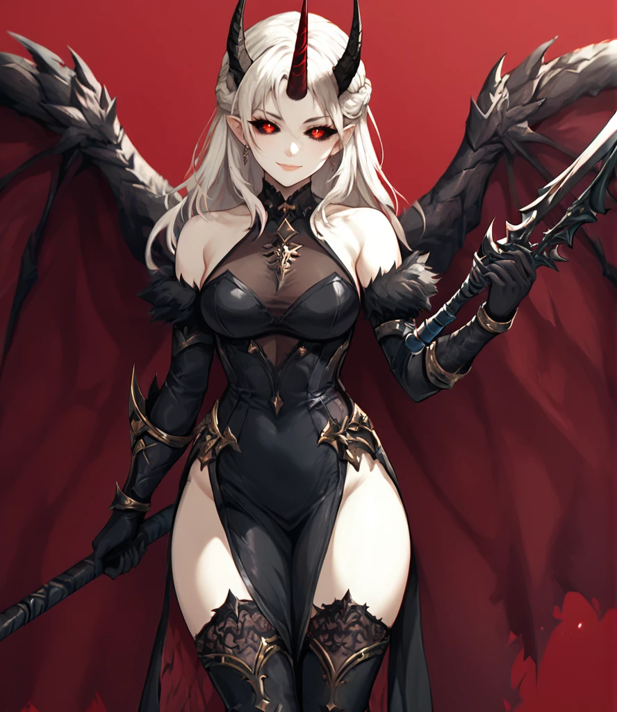 score_9,score_8_up,score_7_up,score_6_up,1girl,solo,looking at viewer,smile,white hair,red eyes,thighhighs,gloves,dress,holding,bare shoulders,weapon,horns,cape,holding weapon,black dress,fur trim,thigh boots,red background,single horn,black sclera,scythe,holding scythe,<lora:GrimmStyle-01:1>,<lora:add-detail-xl:1>,ostentatious,<lora:BeautyInEvilPony:1>,white skin,