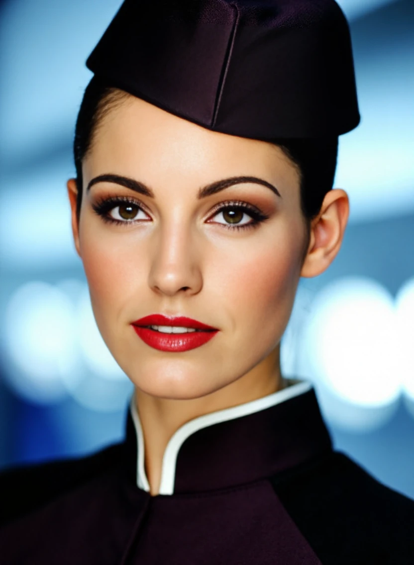 An exciting professional photograph of a young woman K3LLY8R00K2 working as a flight attendant, pale skin, striking makeup, detailed skin, bokeh, female focus, SFW<lora:Kelly_Brook:1>