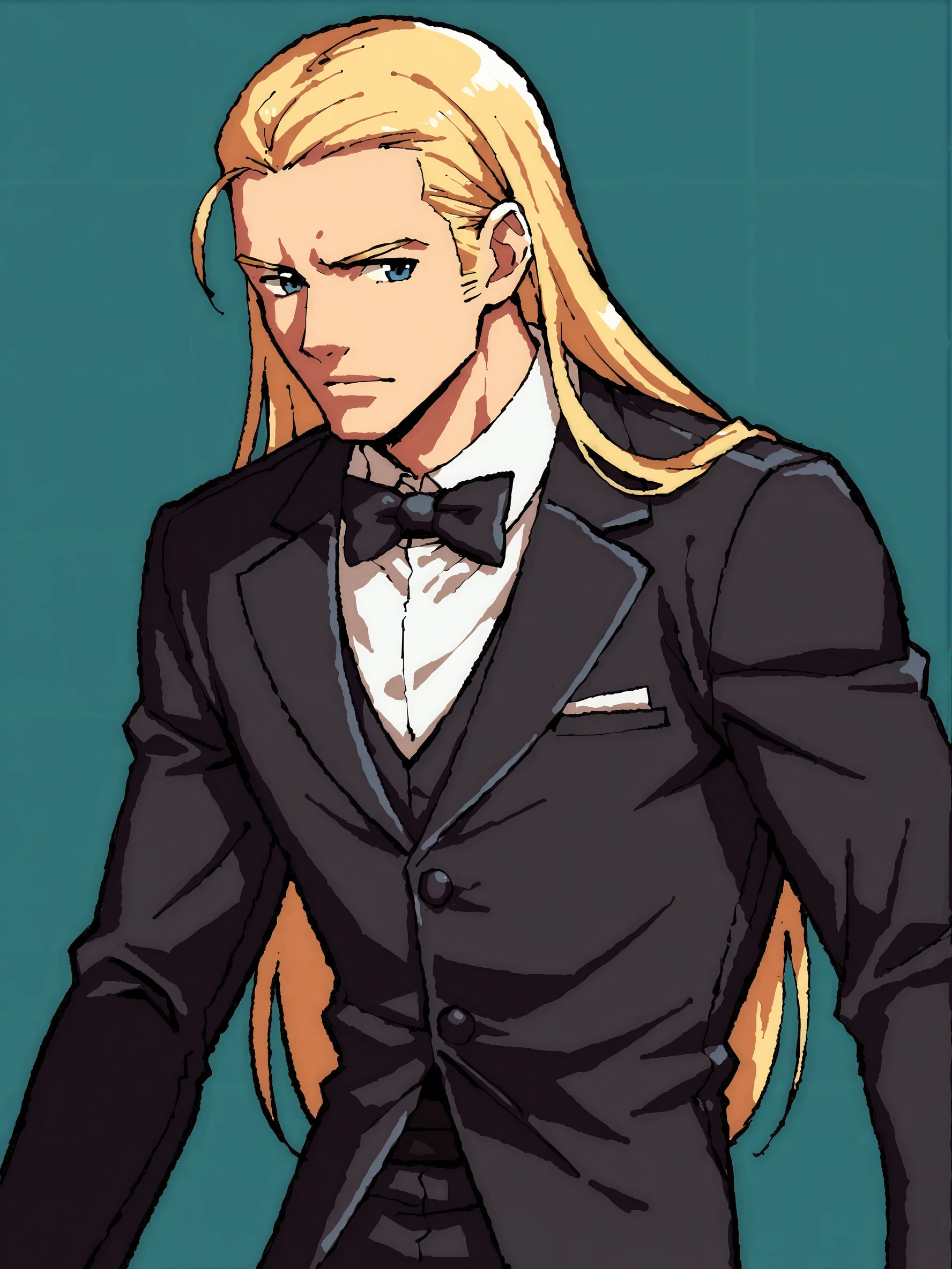 score_9, score_8up, score_7up, score_6up, score_5up, score_4up, abstract background, source_cartoon, rating_safe, BREAK
solo, male, andybogard, blonde hair, long hair, blue eyes, black tuxedo, bow tie, BREAK
 <lora:Andy_Bogard_-_King_of_FightersFatal_Fury_-_PDXL:1>