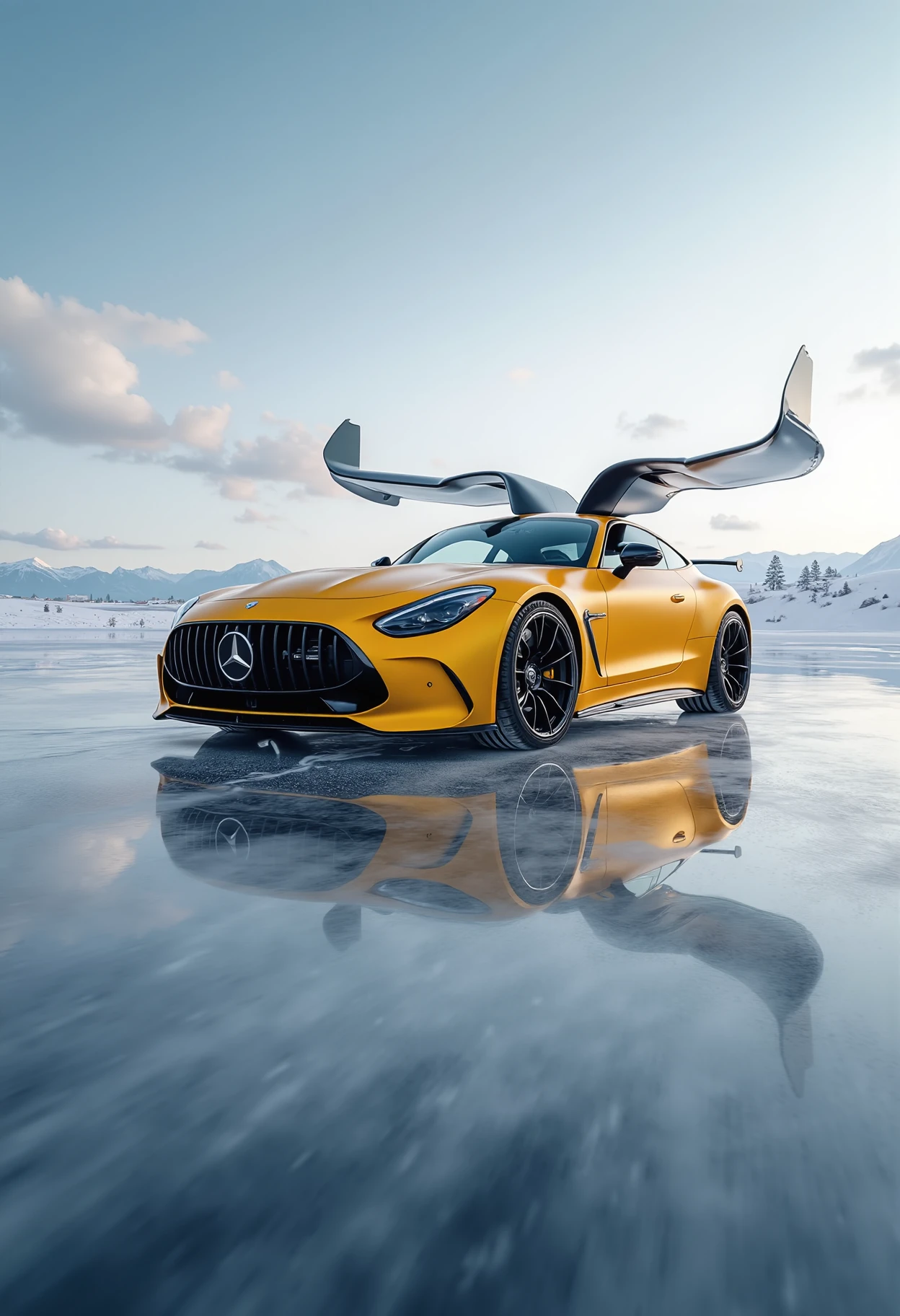 a yellow dvr-mercedes-amg-gt63se with airplane wings hovering above a frozen lake <lora:fixed_dvr-mercedes-amg-gt63se:1>