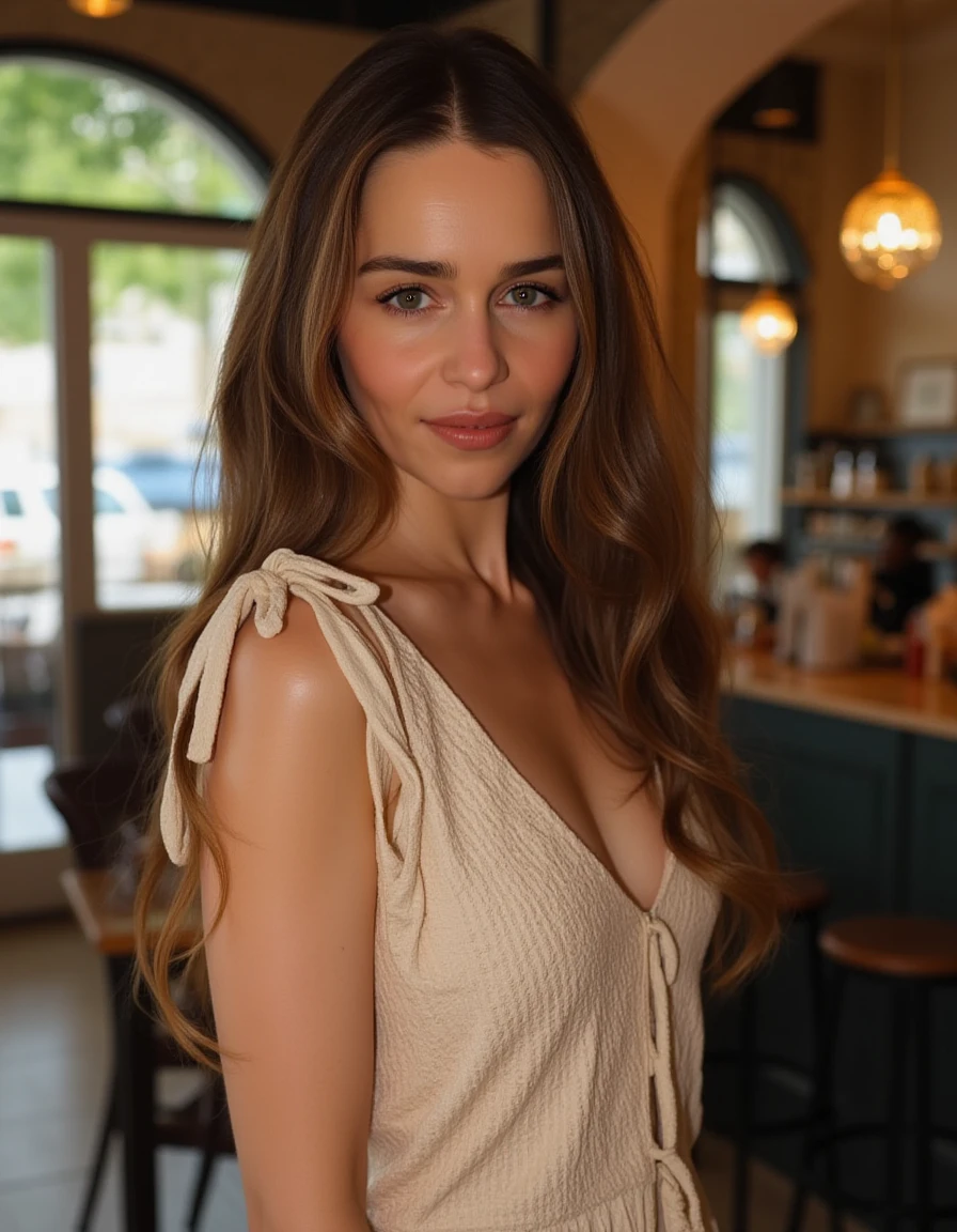 <lora:Emilia_Clarke_Flux:1> beautiful detailed photograph, brown hair cascading, wearing a dress, standing in cafe looking at the viewer