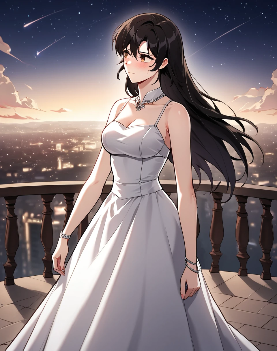 Ignet_Crescentia, black hair, brown eyes, long hair,white dress, elegant dress, long dress, low-high skirt,  BREAK  outdoors, city, night, starry sky, blush, embarassed face, looking away  BREAK score_9, score_8_up, score_7_up, source_anime ,zPDXL, <lora:Ignet_Crescentia:0.8>, solo, manhwa