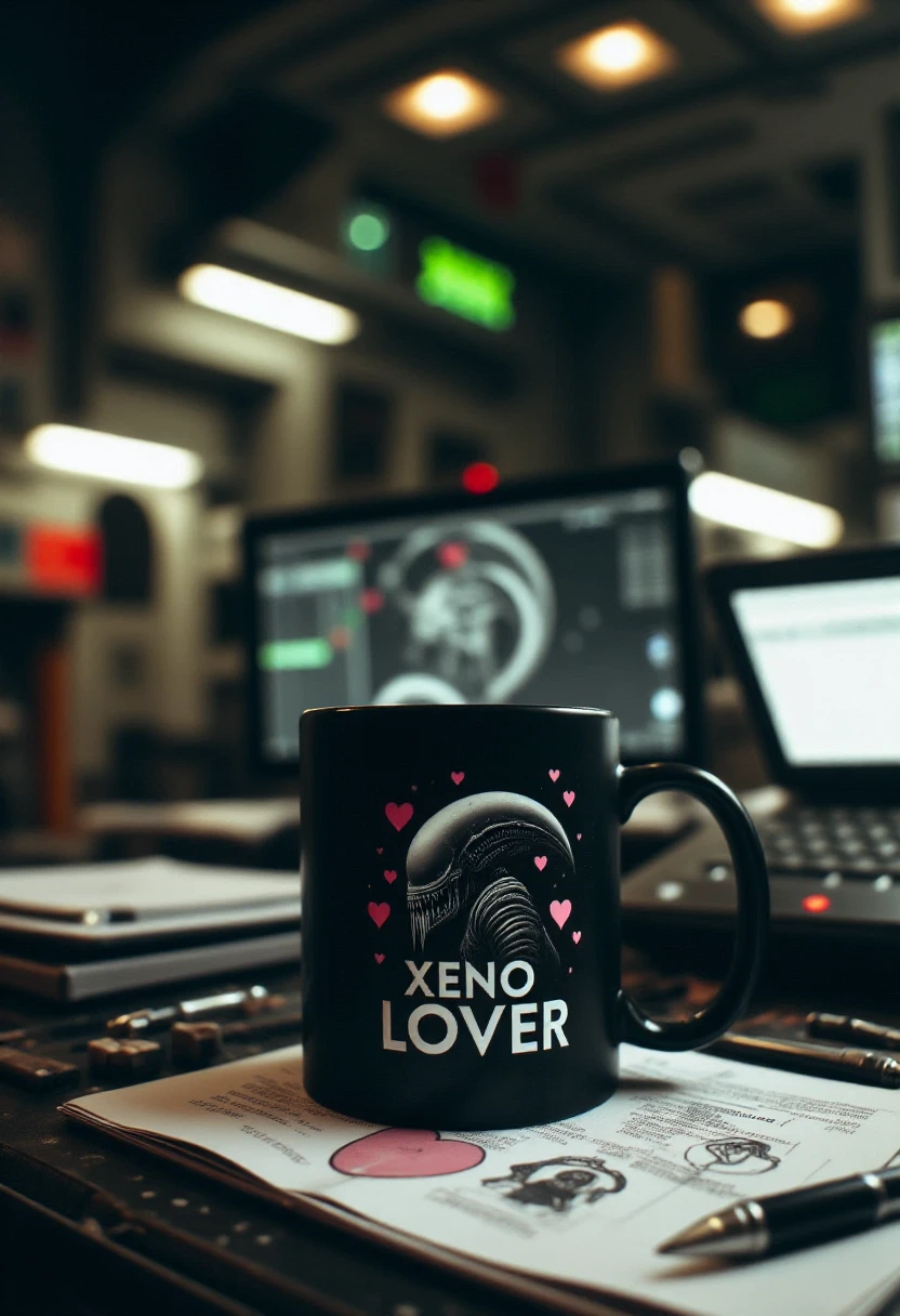 <lora:Mug_Maker_FLUX:1>
The image is a photograph showcasing a ceramic coffee mug placed on a desk in a derelict space station. The mug is black with a stylized, cartoonish black xenomorph illustration on the front along with the caption "XENO LOVER" with pink hearts.