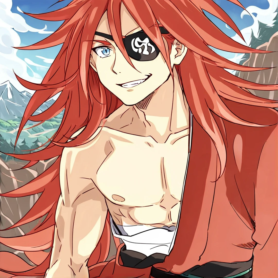 <lora:ReidAstrea:1>, reid, had waist length, fiery red hair, sky blue eyes, with a muscular body, he wore a crimson kimono, which he only wore half of, leaving the right side uncovered, a white sarashi around his body, and a black eye patch over his left eye, that has an ugly pattern, solo, on a mountain, cliffs, animals