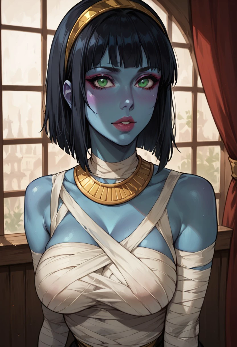 score_9, score_8_up, score_7_up, score_6_up, source_anime, BREAK 1girl, princesskiya, colored skin, blue skin, black hair, green eyes, makeup, gold egyptian necklace, gold hairband, mummy, bandages, bandage gloves,