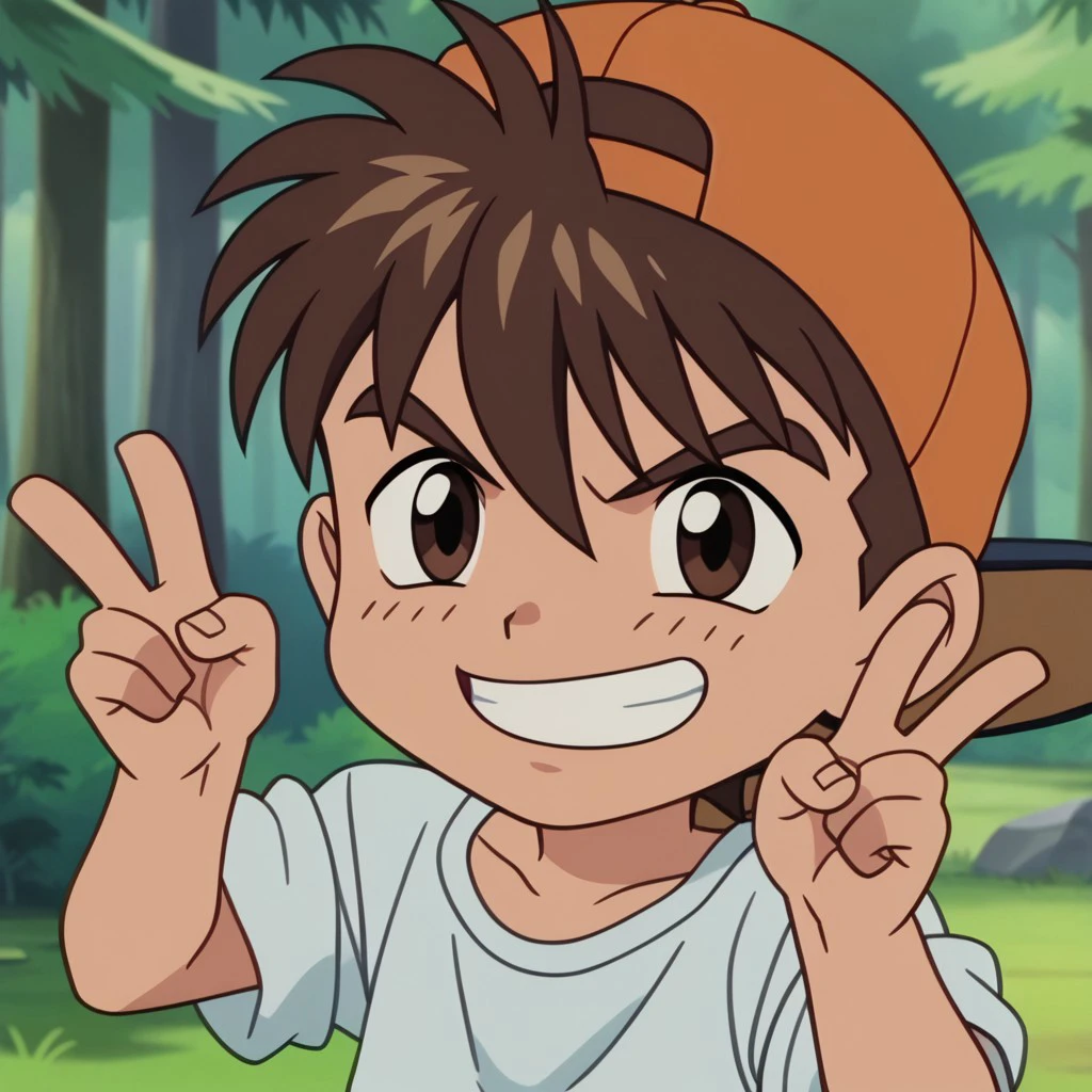 score_9, score_8_up, score_7_up BREAK GenkiM, 1boy, brown hair, dark brown eyes, backwards orange baseball cap, short-sleeved white shirt, rectangle silver buckle, brown belt, light brown cargo shorts, brown boots, chibi, smiling, hands peace sign, solo, solo focus, male, male focus, forest outdoors, forest background, screenshot, official art, parody, anime footage, official design, screencap, anime screenshot, official screenshot, 2d, anime, source_anime, alone, chibi style,