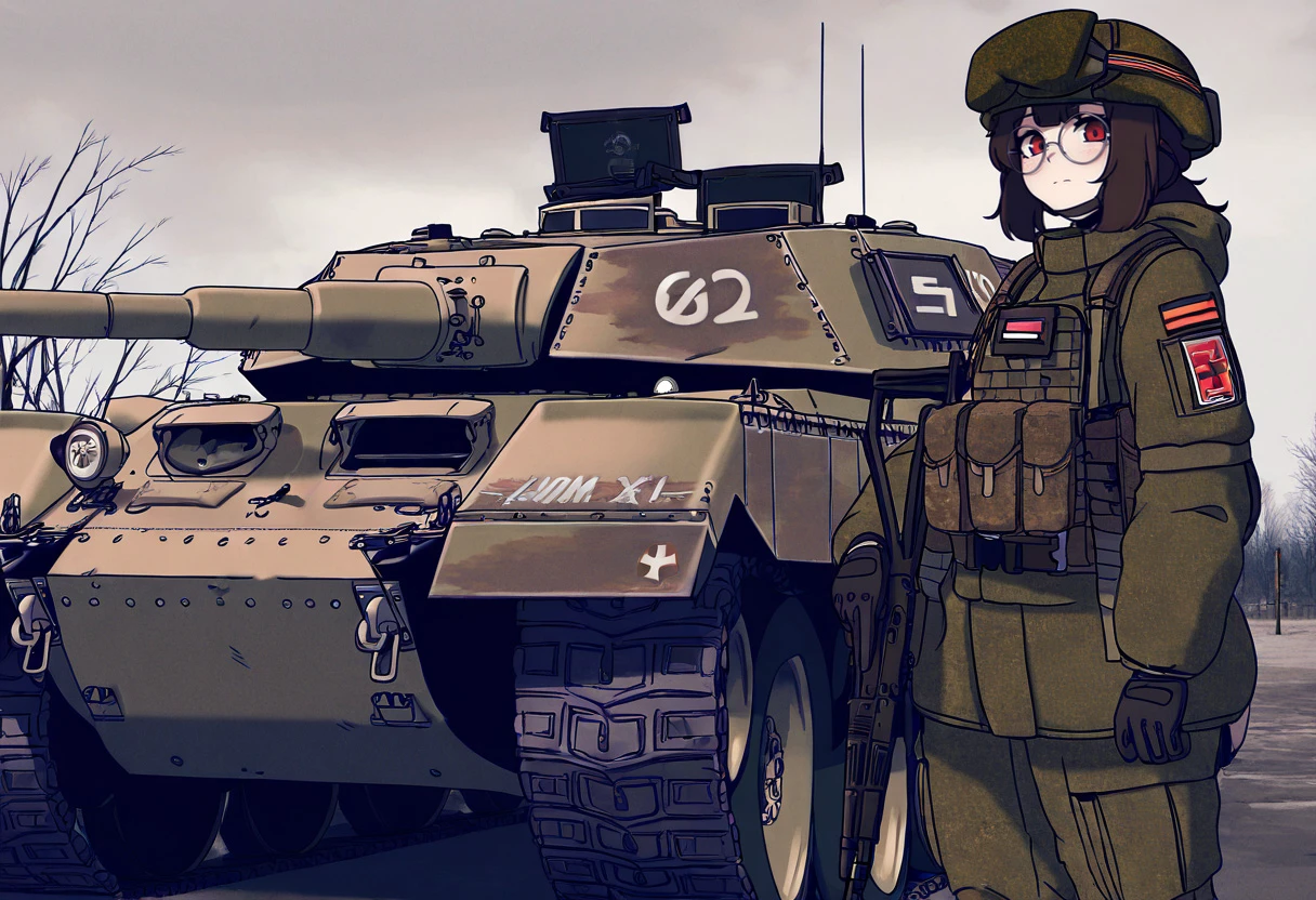1girl, solo, b1-517, looking at viewer, brown hair, long sleeves, gloves, red eyes, closed mouth, standing, jacket, weapon, ak-74m, outdoors, sky, black gloves, glasses, pants, dawn, medium hair, belt, hand up, cloud, hood, uniform, tree, gun, feet out of frame, military, military uniform, hood down, cloudy sky, helmet, cross, hooded jacket, motor vehicle, rifle, arm at side, pocket, round eyewear, pouch, green jacket, green headwear, emblem, military vehicle, assault rifle, knee pads, camouflage, tank, t-72, bare tree, military jacket, machine gun, grey sky, soldier, grey-framed eyewear, insignia, patch, tactical clothes, red cross, overcast, ammunition pouch, gun sling, camouflage jacket, combat helmet, camouflage pants, chin strap, body armor, green belt, camouflage headwear, canteen, film grain, photo background, masterpiece, best quality, newest, absurdres, highres,