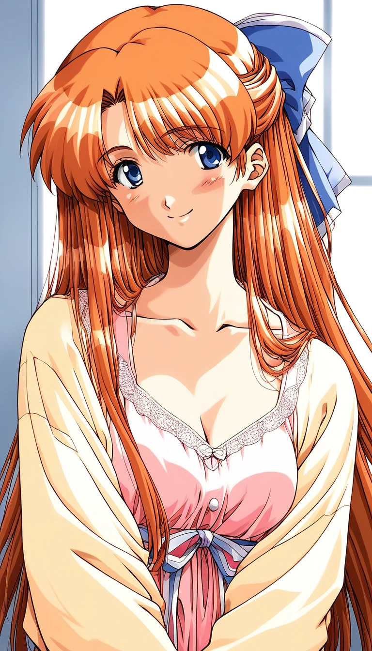 score_9, score_8_up, score_7_up, source_anime, rating_explicit, BREAK  <lora:Kobayakawa_Mizuho_XL:1> Kobayakawa_Mizuho, blue eyes, very long hair, orange hair, 1990s (style), bangs, breasts, 
1girl, solo, bow, hair bow, dress, long sleeves, half updo, upper body, pink dress, collarbone, blush, ribbon, smile, indoors, jacket, blue bow, 
looking at viewer