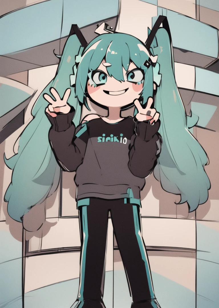 <lora:Hgas:1> hgas, solo, 1girl, hatsune miku, full body, smiling, backdrop, posing, peace sign, leaning, masterpiece, best quality