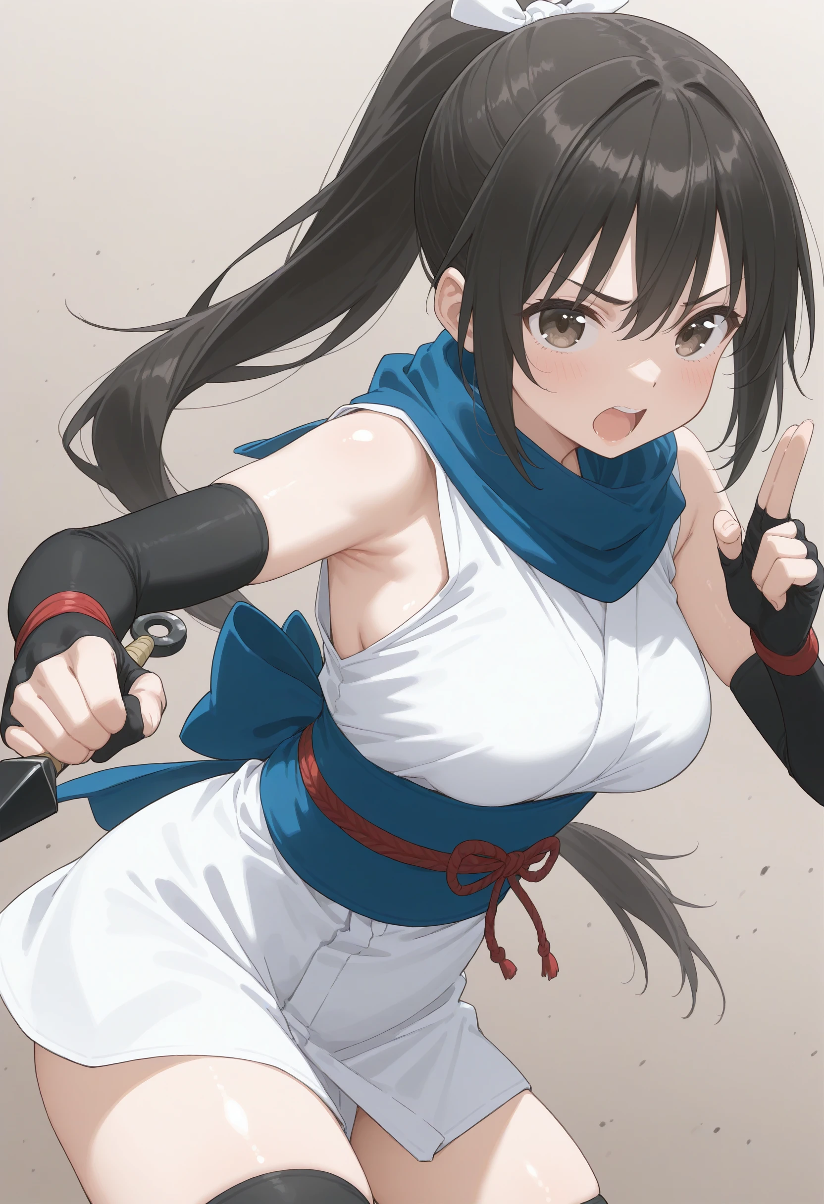 1girl,(sho \(sho lwlw\):0.7),(toosaka asagi:0.5),(sincos:0.3),solo,
masterpiece,best quality,absurdres,detailed skin,anime colored,anime screencap,official art,
scarf, japanese clothes, black legwear, elbow gloves, fingerless gloves, short kimono, , sleeveless kimono, fighting stance, kunai, long hair,   <lora:kuji-in_XL_v1:0.8>
, cowboy shot, looking at viewer, gray hair, gray eyes,badmood, university, open mouth, ponytail hair,