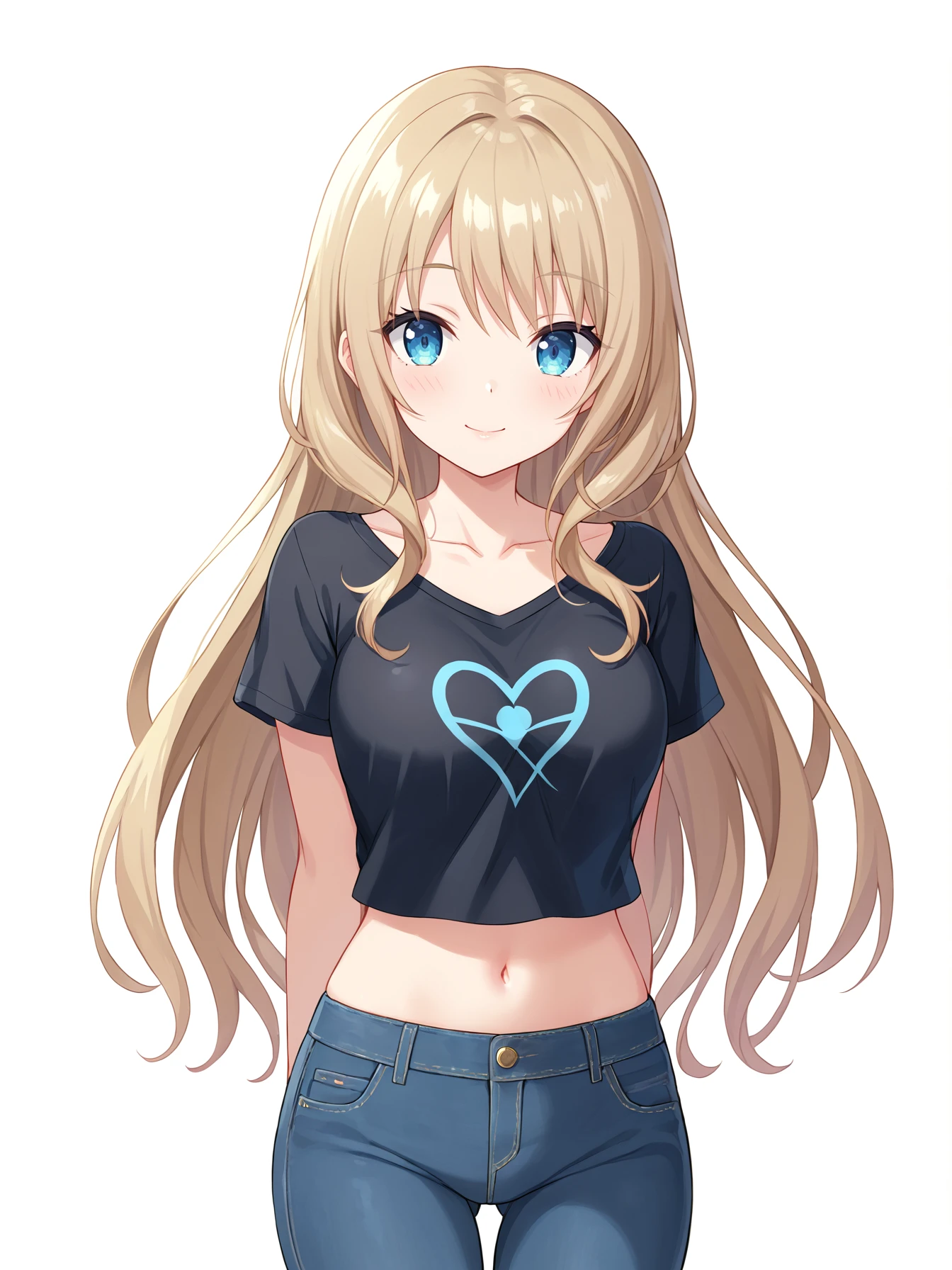 score_9, score_8_up, score_7_up, masterpiece, best quality, absurdres, extremely detailed, BREAK, 1girl, solo, fran \(idoly pride\), blonde long hair, blue eyes, black t-shirt, midriff, jeans, standing, arms behind back, looking at viewer, smile, blush, simple background, white background, <lora:IIIX:0.8>