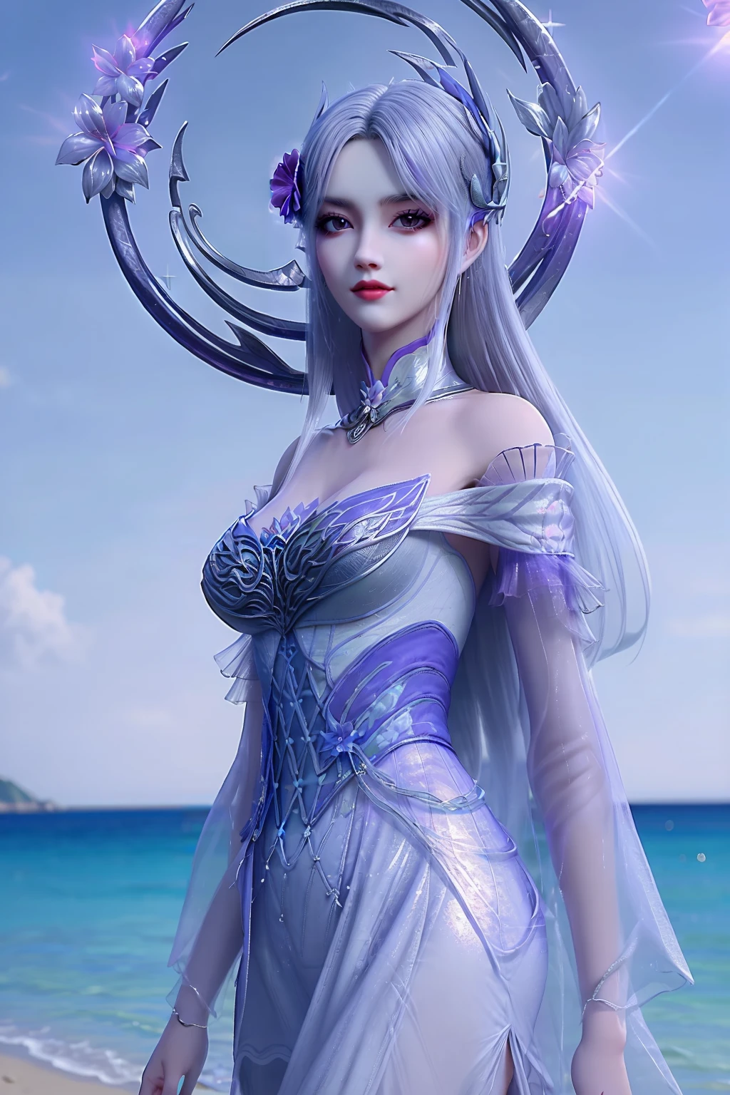 masterpiece,best quality,8k,absurdres,highres,
<lora:å°å»ä»-vision:0.7>,xiaoyixian,1girl,solo,purple dress,((silver circle:1.2)),((glowing flower:1.2)),breasts,((hair ornament:1.2)),closed mouth,looking at viewer,pale skin,(side slit:1.2),
(sparkle:1.2),(glitter:1.1),(sunlight:1.2),wind lift,water,beach,