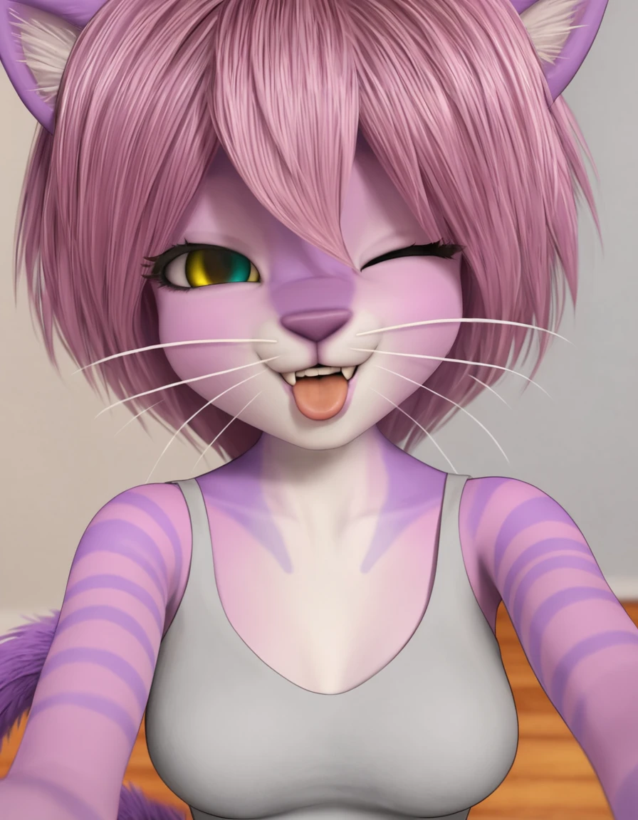 bedroom,
Elli,1girl,solo,body fur,short hair,furry female,green eyes,yellow eyes,heterochromia,animal ears,cat ears,pink hair,medium breasts,cat girl,whiskers,bangs,cat tail,striped,purple hair,fangs,animal nose,pink skin,slit pupils,two-tone fur,
upper body,light smile,tongue out,one eye closed, 
<lora:Elli_v04:1>,
<lora:add-detail-xl:1>,