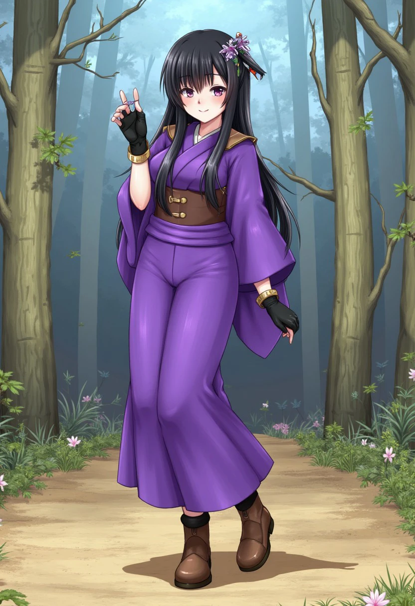 1girl, solo, {{{adsouto_style}}}, purple kimono, black gloves, long black hair, purple eyes, outdoors, forest, smile, brown boots, hair ornament