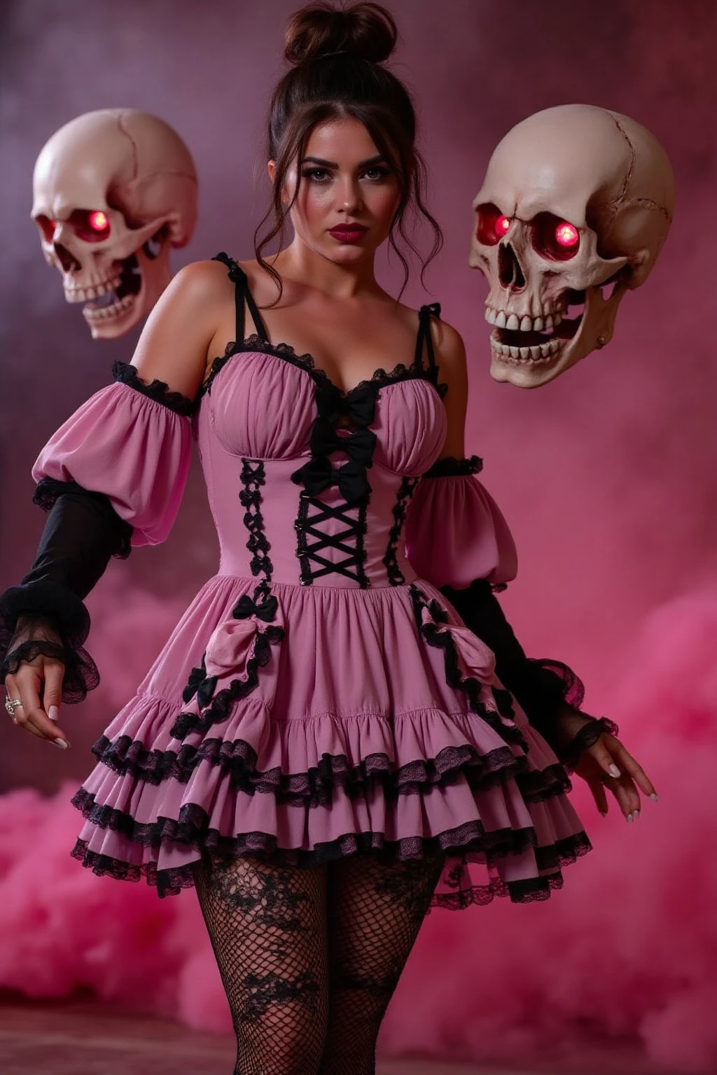 wearing pink goth dress, A stunning woman mage with a smug teasing expression fighting floating skulls in the style of an 80s metal album cover, her eyes are enigmatic and smokey, (lustful expression) she is of a tall Amazonian build with thick strong thighs, natural busty breasts, perfect nipples, deep cleavage, large ass, hair in a high bun, freckles, big full lips with dark lipstick, her skin is covered with sweat and grime, midshot, retro-futurism, moody and vibrant neon atmosphere, neon multi color smoke, diffused dramatic frontal light, floating skulls with red glowing eye sockets screaming at our hero