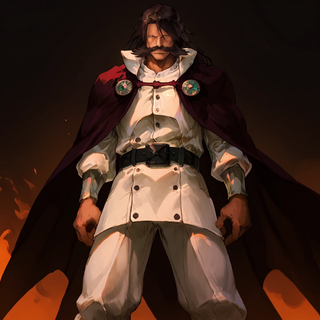 score_9, score_8_up, score_7_up, masterpiece, high quality, detailed, morning (bright:1.2)
1man, pronounced cheekbones, white uniform, huge mustache, broad chin, dark brown hair, long black hair, long nose, brown eyes, a single large button, black belt, (maroon-black cloak:1.1) <lora:yhwach:1> looking at viewer,  <lora:MVC2Style_SDXL:1> MVC2style