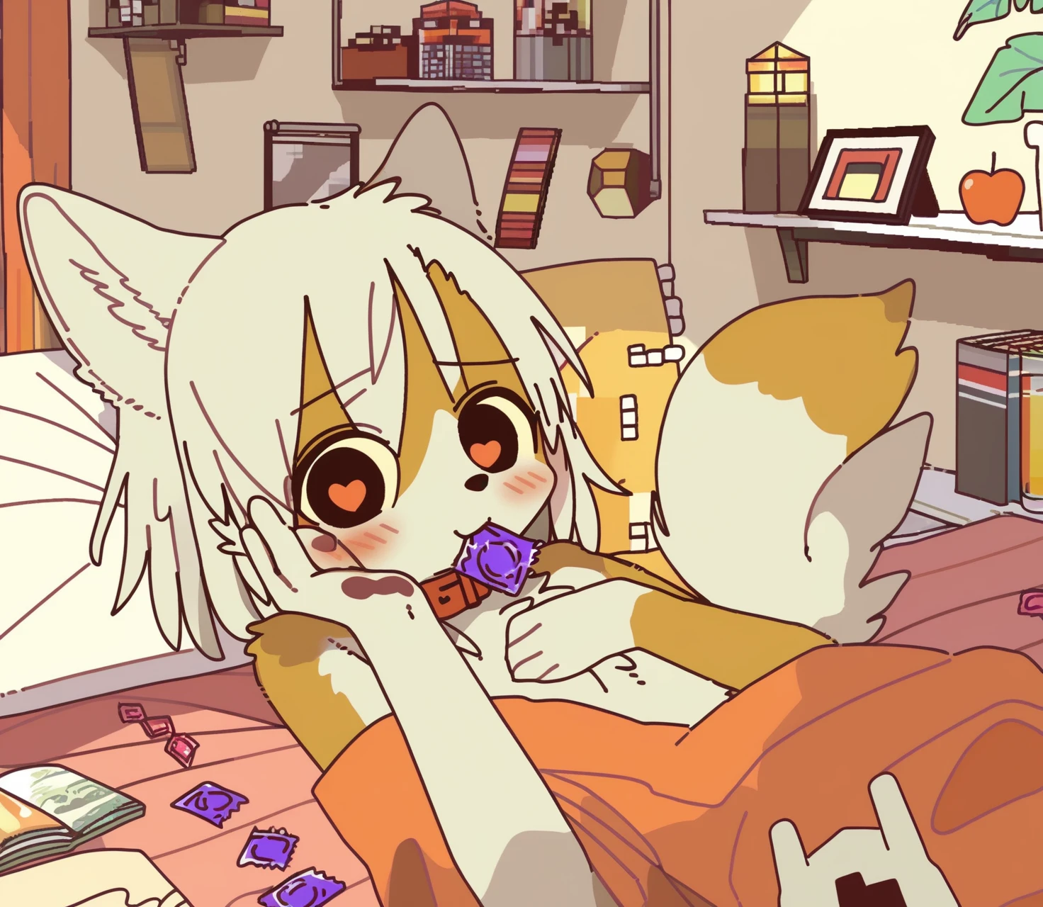 score_9, score_8_up, <lora:doremifaso64_minecraft_style_v1:1>, doremifaso64_minecraft, interface, 1girl, solo, looking at viewer, blush, short hair, shirt, animal ears, tail, white hair, heart, lying, food, indoors, on back, collar, symbol-shaped pupils, pillow, book, bed, fruit, on bed, phone, heart-shaped pupils, mouth hold, curtains, furry, dog ears, condom, dog tail, furry female, dog girl, furry male, bookshelf, body fur, white fur, condom wrapper, animal nose