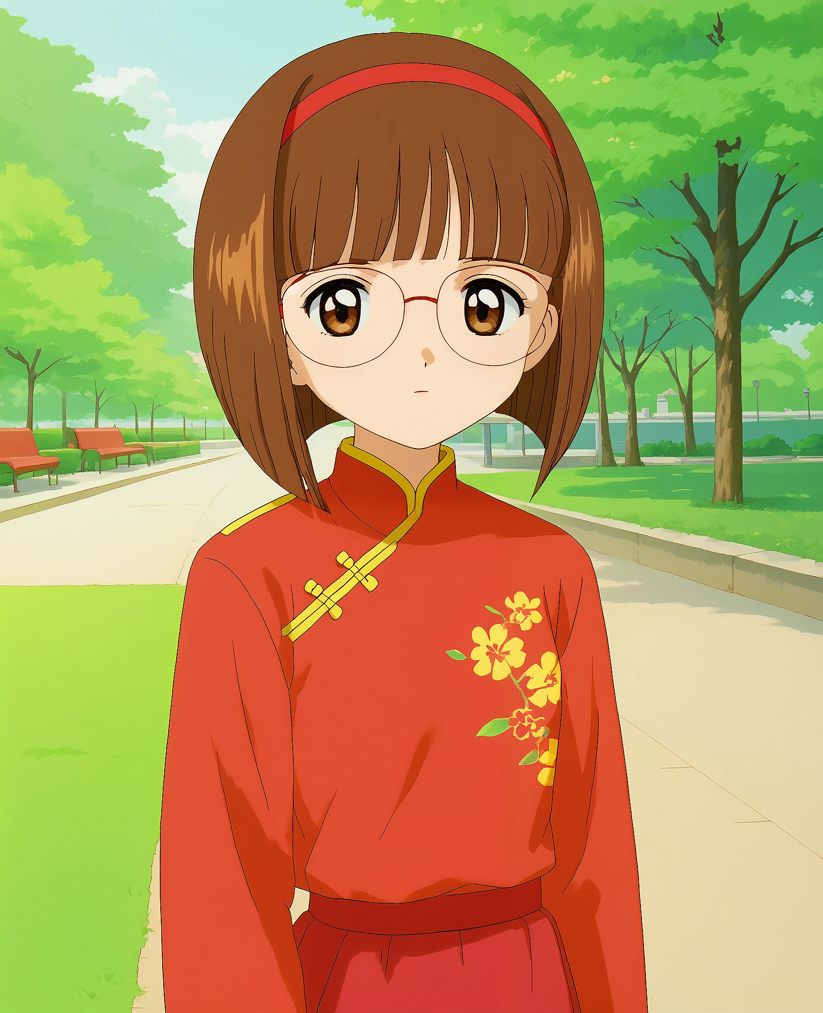 score_9, score_8_up, score_7_up, masterpiece, absurdres, source_anime, perfect anatomy,

1girl, solo, naoko_yanigasawa, brown hair, bob cut, hairband, brown eyes, glasses,
chinese clothes, red shirt, red skirt, floral clothes,

good_hands,

outdoors, park, looking at viewer, cowboy shot,