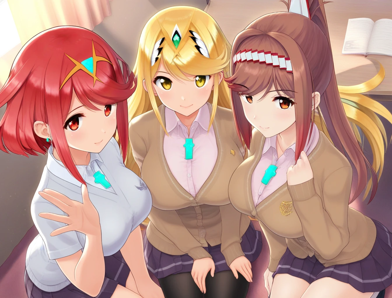 masterpiece, best quality, good quality, 3girls, school uniform, chest jewel, glimmer, pyra, mythra, indoors<lora:aegis illustrious 008:1>