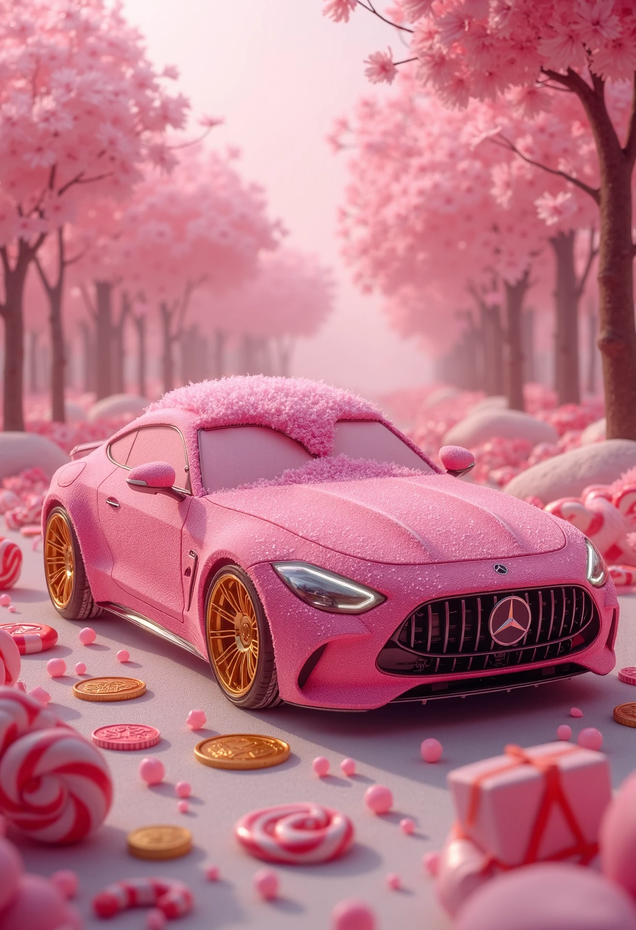 a pink fluffy dvr-mercedes-amg-gt63se with fuzzy skin with gold coin wheels in a land filled with candy canes and lollypops and wrapped presents <lora:fixed_dvr-mercedes-amg-gt63se:1>