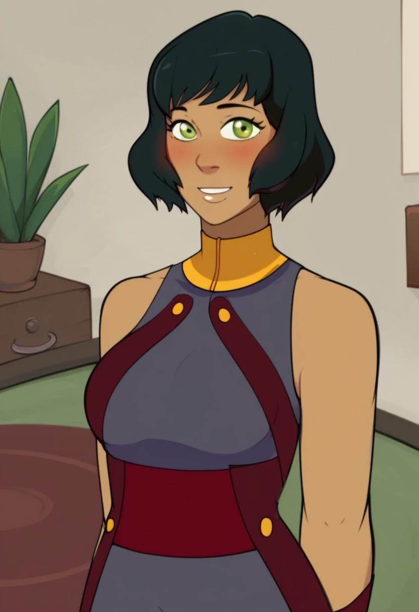 Opal Korra, short black hair, green eyes, green dress, white pants, looking at viewer, smiling, sitting, on large sofa, legs crossed, soft lighting, fancy living room, high quality, masterpiece, <lora:Opal_Korra_v3:.7>