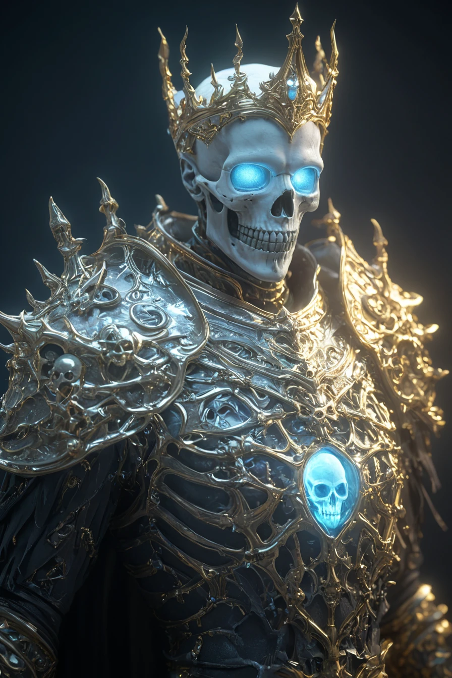 A close-up of an icy and ghostly skeleton king wearing intricate golden armor, with glowing eyes surrounded by translucent skeletons floating in the dark ocean, skeleton crypt and dungeon in background. Rendered in the style of Unreal Engine, with a cinematic, hyper-realistic style. hkdeath