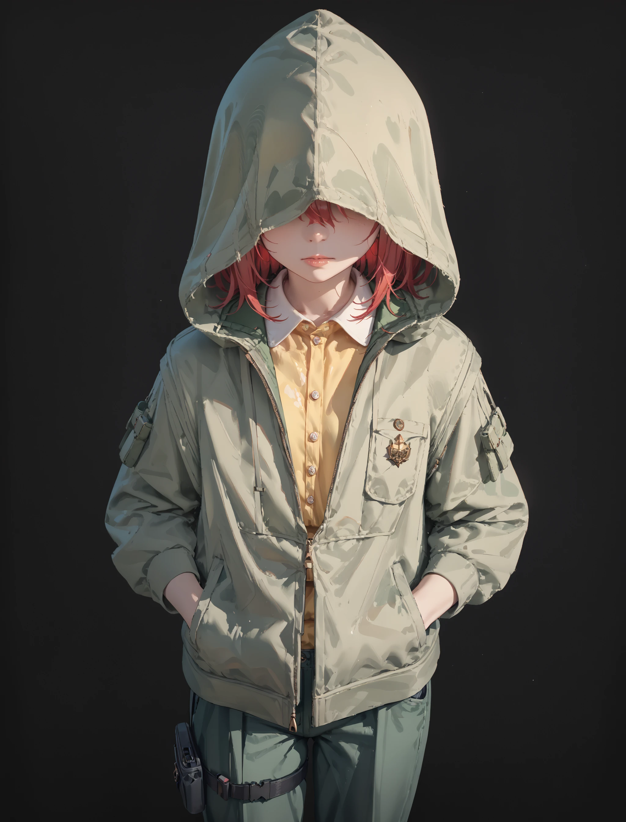 score_9, score_8, score_7_up masterpiece, amazing quality, hyper detailed, high resolution, highres, (embedding:zPDXL3:1.1),

1girl, solo, red hair,

green jacket, yellow shirt, collared shirt, green hood, hood over eyes, biege pants,

standing, cowboy shot, leg pouch,

black background, hands in pockets, from above, 