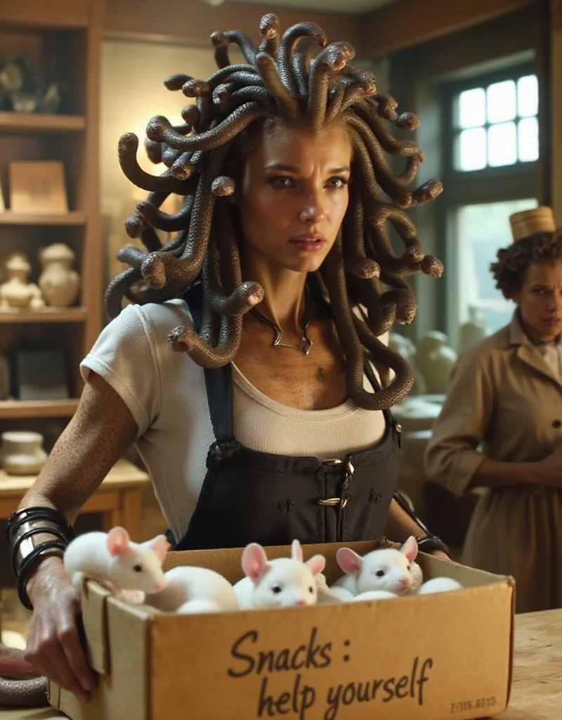 Medusa is working in an animal store. She is wearing the store uniform. on the counter, there is a box with white mice and the text âSnacks : help yourselfâ <lora:Medusa:0.7>