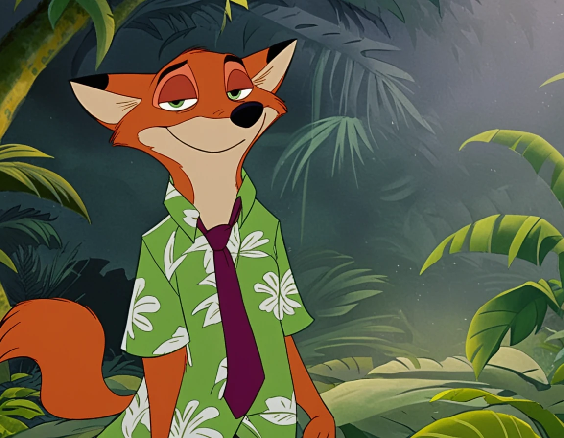 classicanimstyle, male, anthro, nick wilde, solo, canid, canine, fox, mammal, red fox, true fox, 4 fingers, black nose, clothed, clothing, fingers, forest, fur, green eyes, half-closed eyes, jungle, narrowed eyes, necktie, night, orange body, orange fur, outside, plant, shirt, smile, standing, topwear, tree, white body, white fur, green shirt, aloha shirt, <lora:classicanimstyleXL-V01:0.75>