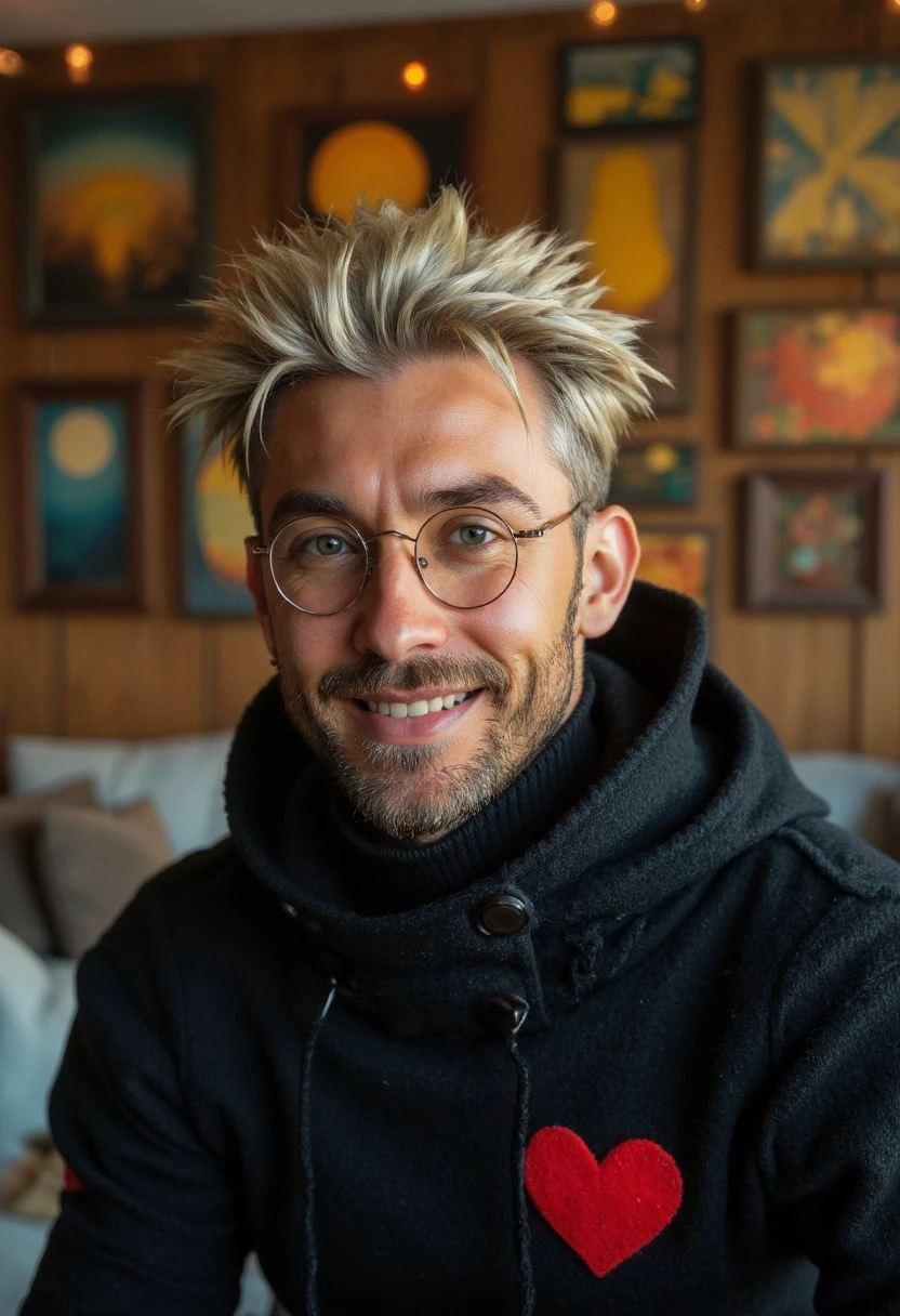 vastyle, casual closeup portrait of a man with blonde spiked hair and fine silver glasses, casual mood in cozy living room, vibrant colorful paintings hanging at the wall, high collar black knittes sweater with red heart shape icon, wide smile, charming, hyperdetailed photograph, realistic lighting, short bearded,