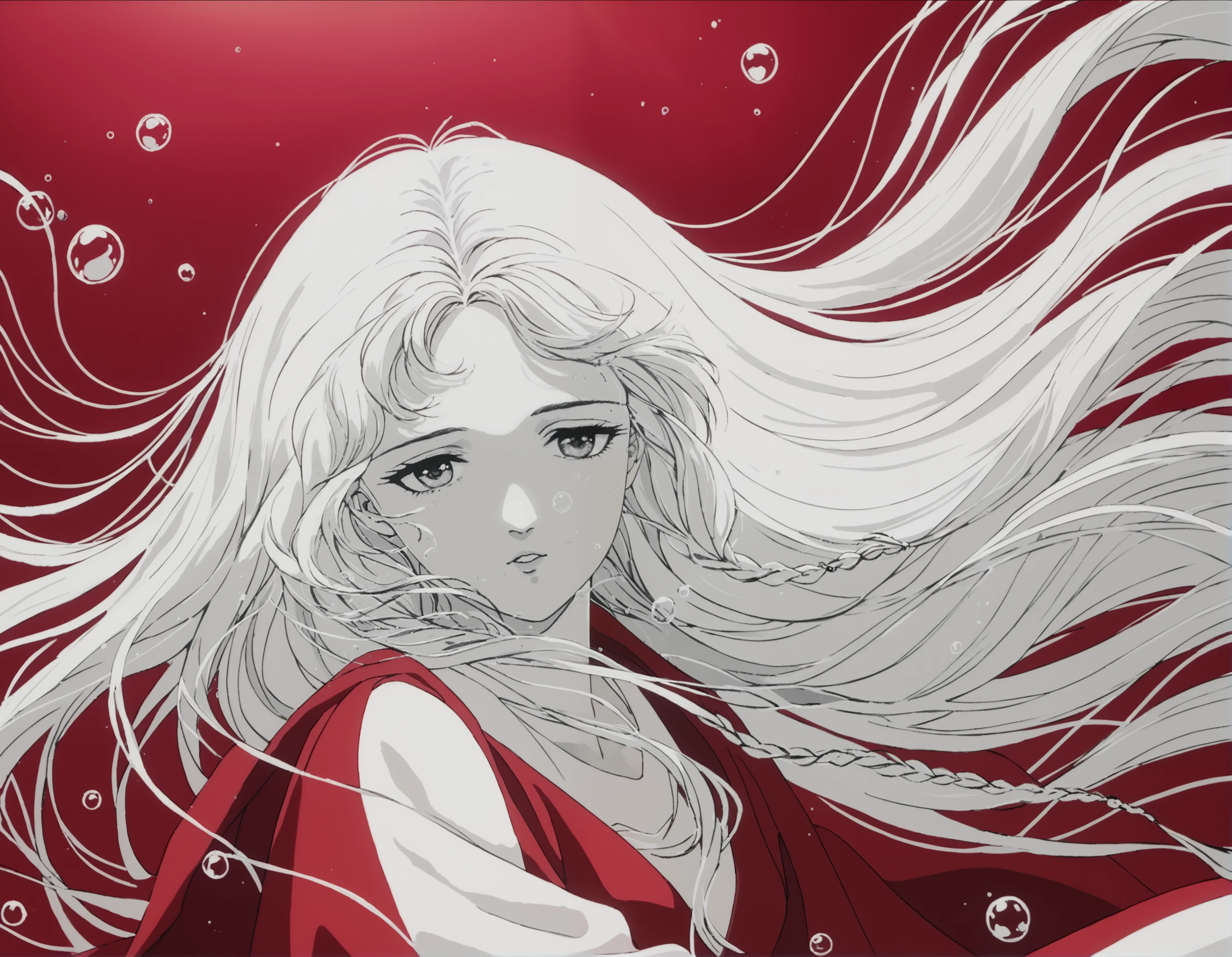 (Masterpiece:1.3), (best quality:1.2), score_9_up, score_8_up, score_7_up, 4angel_e99, 1girl, long flowing hair, solo, red theme, eyes gently closed, monochrome palette with red accents, floating hair gently swaying in water, side braid, underwater scene, air bubbles rising, upper body in focus, soft lighting, parted lips as if exhaling softly, delicate bubbles forming around her, serene and peaceful atmosphere, fluid motion of hair and water, ethereal and dreamlike mood, high contrast, soft reflections, capturing the elegance and stillness of the underwater world,<lora:Angel_egg:0.8> ,