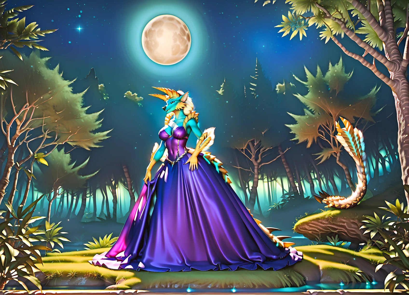 score_9, score_8_up, score_7_up, score_6_up, ((best quality, high quality, absurdres, Anthro, female, dress, )) (Detailed background, forest, jungle, trees, full moon, night,) rating: explicit, by kenket, by darkgem, by dullyarts, by plattyneko, by Thousandfoldfeathers, extremely detailed,  highres, detailed shading, volumetric lighting, vibrant colors, natural light, FujiFilm XT3, <lora:BackgroundDetailerV3:1> <lora:Zinogre:1> zinogre, wolf, monster hunter,  thunder, horns, tail