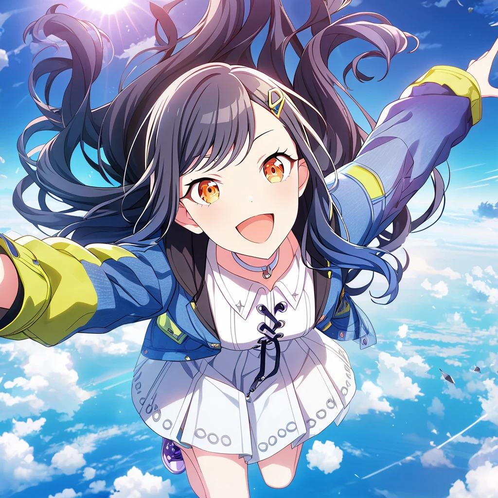 1girl, shiraishi an, project sekai, masterpiece, very aesthetic, absurdres, official art, 
sky runner jacket, solo, black and royal blue gradient hair, long hair, orange eyes, swept bangs, 
smiling, open mouth, looking at viewer, flying in the air, zero gravity, floating, falling, BREAK
navy jacket, white dress, white choker, clothes writing, purple sneakers,
beautiful blue sky, above clouds, sun light, day,
 <lora:sdxl-vbs-Flyer11:0.9:lbw=0,0,0.2,0.2,0,0.4,0.4,0,0.8,0.8,0,0,0,0.8,0.8,0.6,0.8,0.0,0.0,0.0,0,0,0,0,0,0
>, <lora:sdxl-vbs-VividsAn07:0.2>