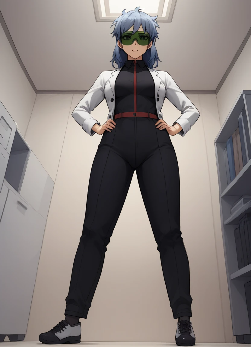 score_9, score_8_up, score_7_up, score_6_up, source_anime, indoors, BREAK cowboy shot, from below, jennygamerfox, human, female, 1girl, solo, visor, labcoat, black jumpsuit, shoes, hands on hips <lora:jennyv2_epoch_10:0.8>