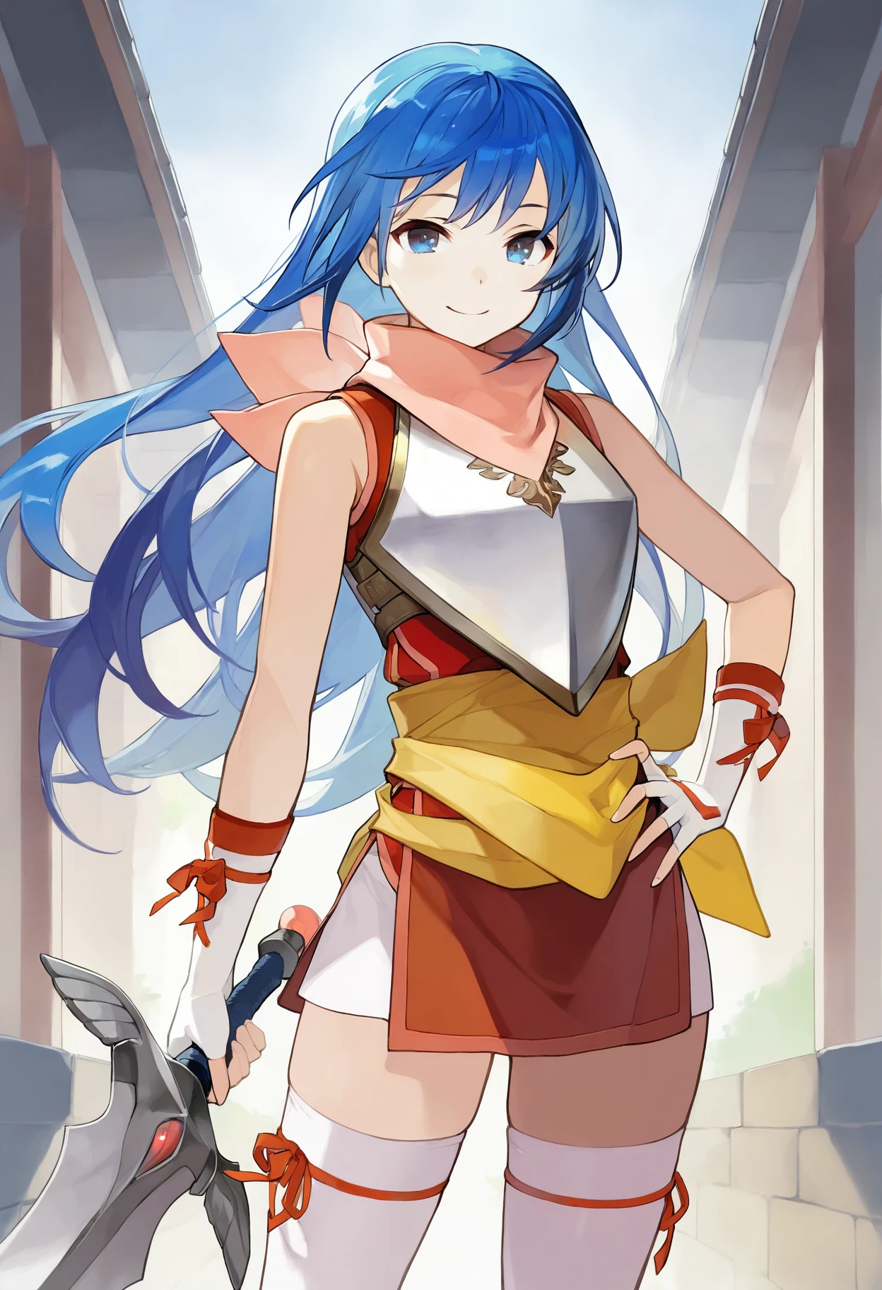 masterpiece, best quality, 1girl, solo, <lora:caeda-fe-richy-v1_ixl:1.0>  caedaprc, blue eyes, blue hair, long hair, bangs, pink scarf, red shirt, breastplate, sleeveless, white gloves, fingerless gloves, yellow sash, white thighhighs, standing, outdoors, looking at viewer, smile, hand on own hip, holding sword, winged sword