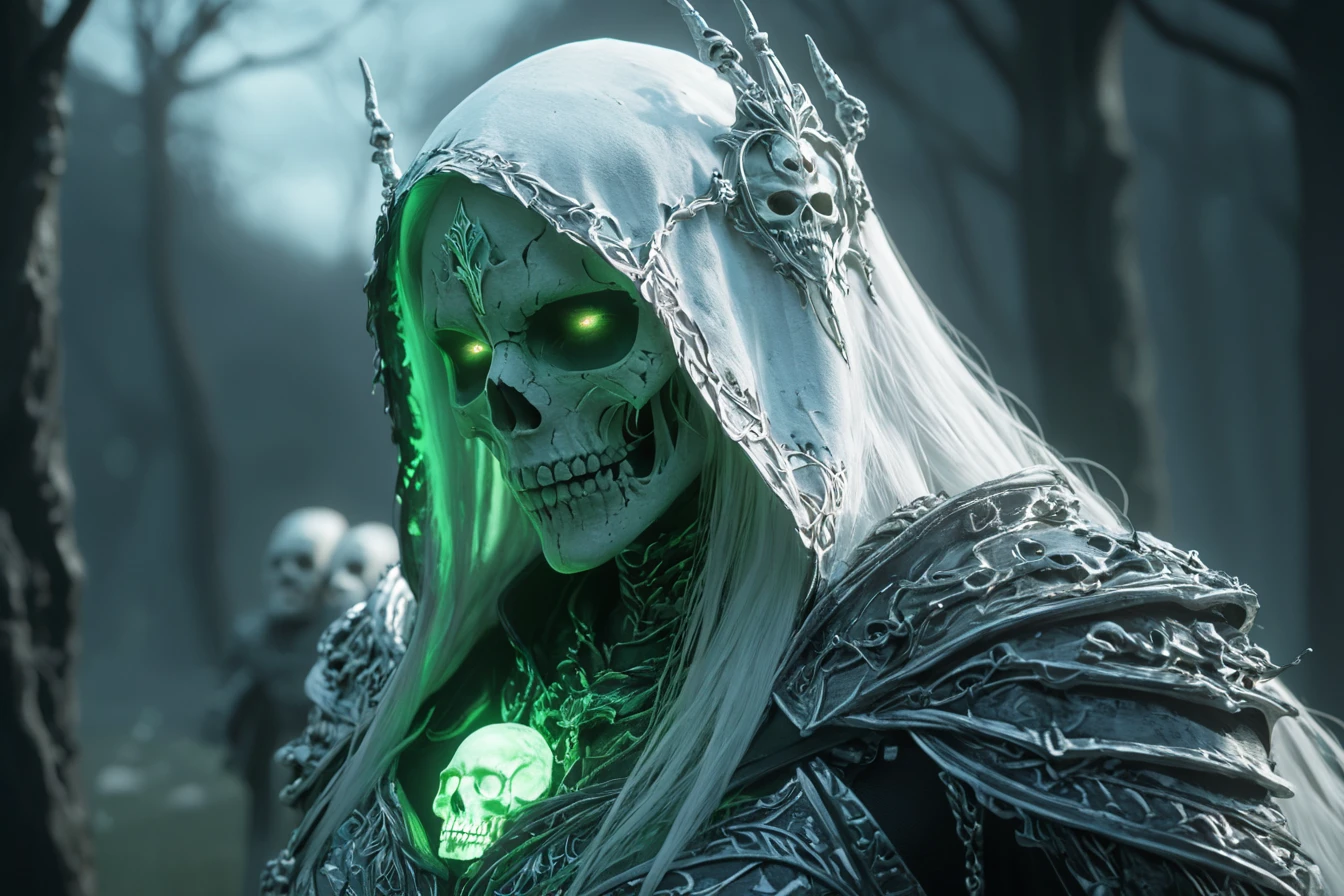 A cinematic shot of a beautiful and evil hooded female necromancer, beautiful face features and white long hair, wearing skull armor, summoning green glowing skeletons around her, holding a green skull staff, glowing skulls, magical effects, cemetary in background, hkdeath,. Rendered in the style of Unreal Engine, with a cinematic, hyper-realistic style.