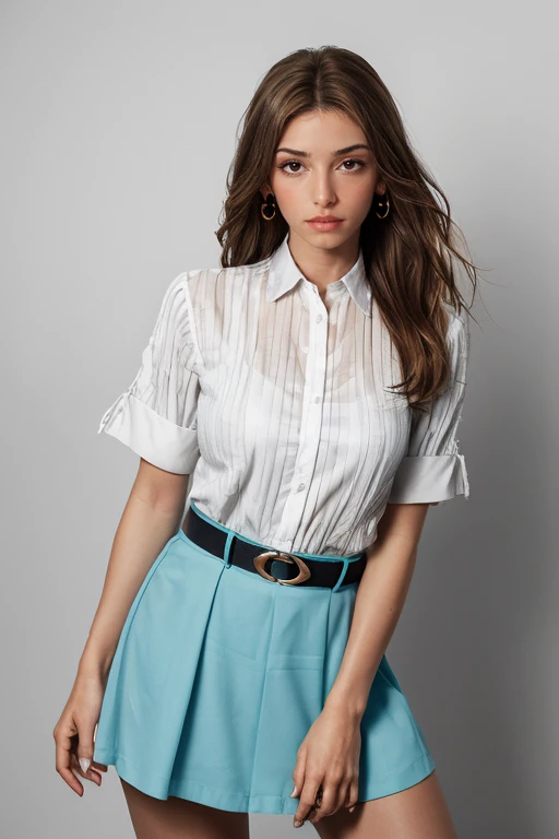 Striped collared shirt half-tucked into a solid color flared skirt, accessorized with a statement belt and ankle boots. a breathtaking fashion photo:1.3 of a sexy woman, <lora:MimmiKeeneV1:1>, 1girl, solo, dress, jewelry, long hair, styled hair,  brown hair, parted lips, white background, radiant, vibrant colours, technicolor, looking at viewer, realistic, simple background, bright background, professional makeup, glossy lips, black eyeliner,  red lipstick, fill lighting, high contrast, shot on ALEXA65, high key lighting, ((masterpiece))   <lora:last_tushy_pose:0.8> tushy_pose, RAW candid cinema, 16mm, color graded portra 400 film, remarkable color, ultra realistic, textured skin, remarkable detailed pupils, realistic dull skin noise, visible skin detail, skin fuzz, dry skin, shot with cinematic camera, detailed skin texture, (blush:0.5), (goosebumps:0.5), subsurface scattering