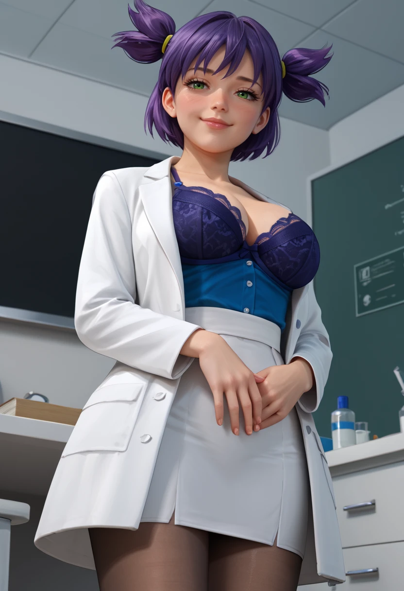 8k, 4k, 3d, realistic, realism,
score_9, score_8_up, score_7_up,
best quality, masterpiece, ultra detailed,
162 cm height, 18 years old,
<lora:Expressive_H:1>, smug face, (blush:1.3), closed mouth, lips, nose,
looking at viewer, from below,
<lora:Everlasting_Summer_Lena_by_GraffMetal_V1.2:1>, lena, purple hair, green eyes, short hair, short twintails, twintails, two side up, bangs, solo, large breasts,
labcoat, medicine coat, lab coat, lace trim, lace-trimmed bra, cleavage, pantyhose, blue blouse, white skirt, black pantyhose,
amazing background,