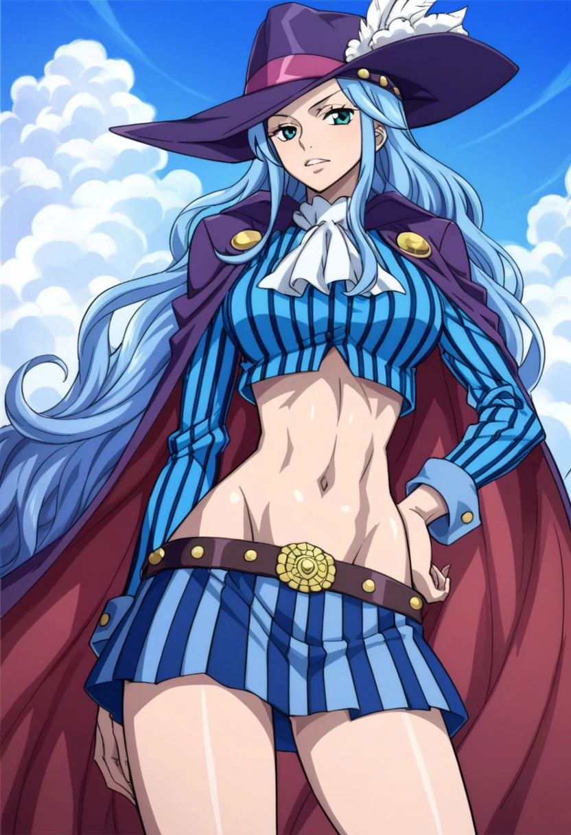 score_9, score_8_up, score_7_up, NelZelFormula,
White Bay, hat, midriff, 1girl, skirt, blue_hair, showing nude boobs, cape, navel, long_hair, ascot, crop_top, pinstripe_pattern, striped, groin, vertical_stripes, miniskirt, solo_focus, (blue sky, clouds)