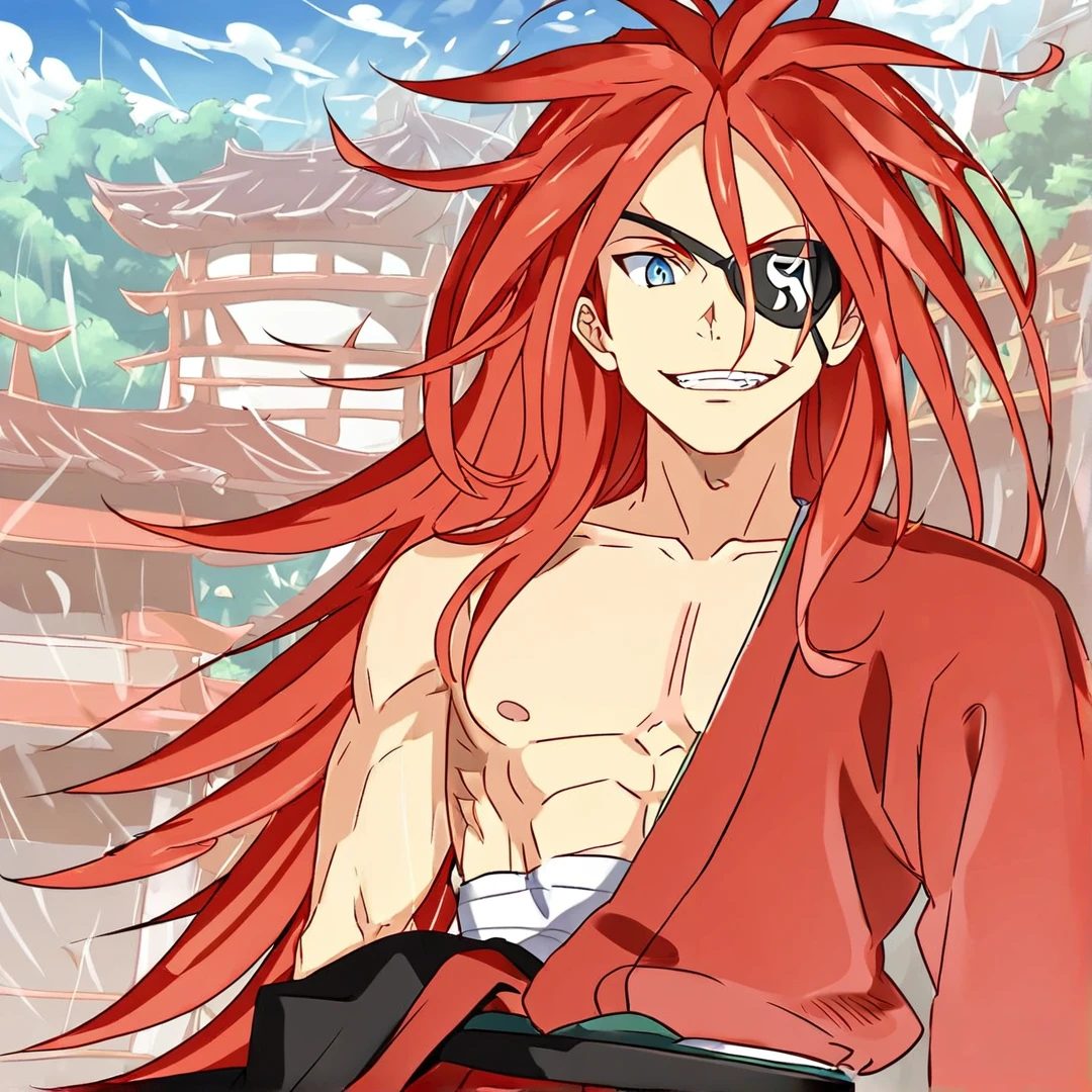 <lora:ReidAstrea:1>, reid, had waist length, fiery red hair, sky blue eyes, with a muscular body, he wore a crimson kimono, which he only wore half of, leaving the right side uncovered, a white sarashi around his body, and a black eye patch over his left eye, that has an ugly pattern, solo, in a city, trees, buildings