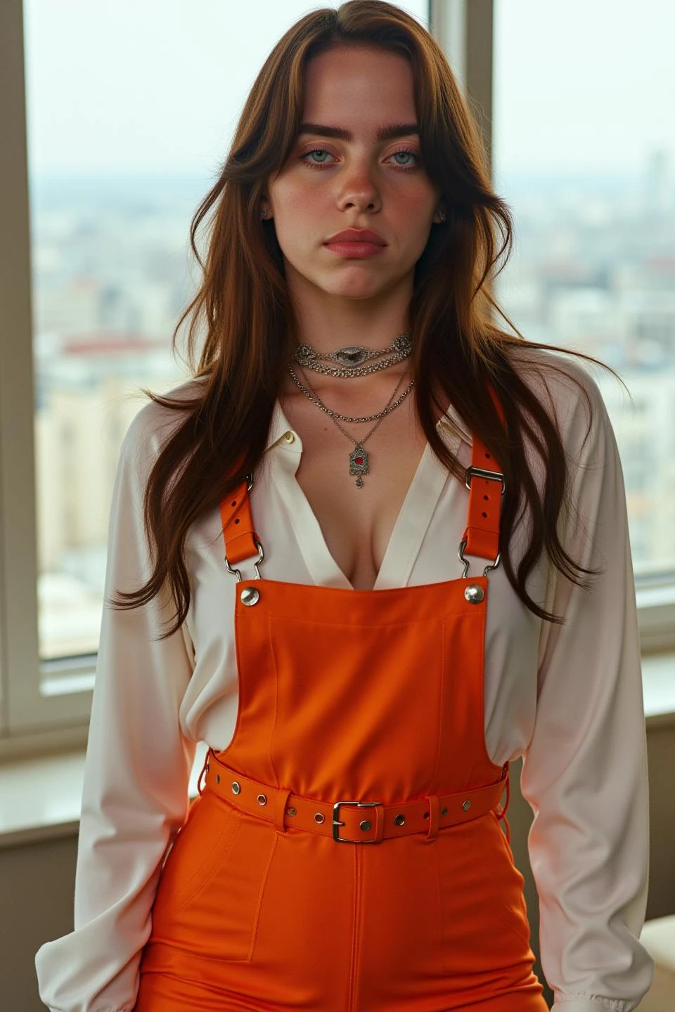 a young woman with long, dark hair is the central figure. Her hair is styled in loose waves, cascading over 
    her shoulders. She is wearing a striking outfit that combines a white blouse with long sleeves and a 
    high-waisted, orange jumpsuit. The jumpsuit features buckled straps on the sides, adding a unique and stylish 
    touch to her ensemble. She accessorizes her outfit with multiple necklaces, including a prominent pendant 
    necklace that adds a touch of elegance. Her expression is serious, with a slight frown, suggesting a moment of 
    deep thought or contemplation. The setting appears to be indoors, with natural light streaming in from a large 
    window behind her. The window offers a view of a cityscape, indicating that the photo was taken in an urban 
    environment. The lighting casts a warm glow on her face and hair, highlighting her features and creating a sense 
    of depth in the image.