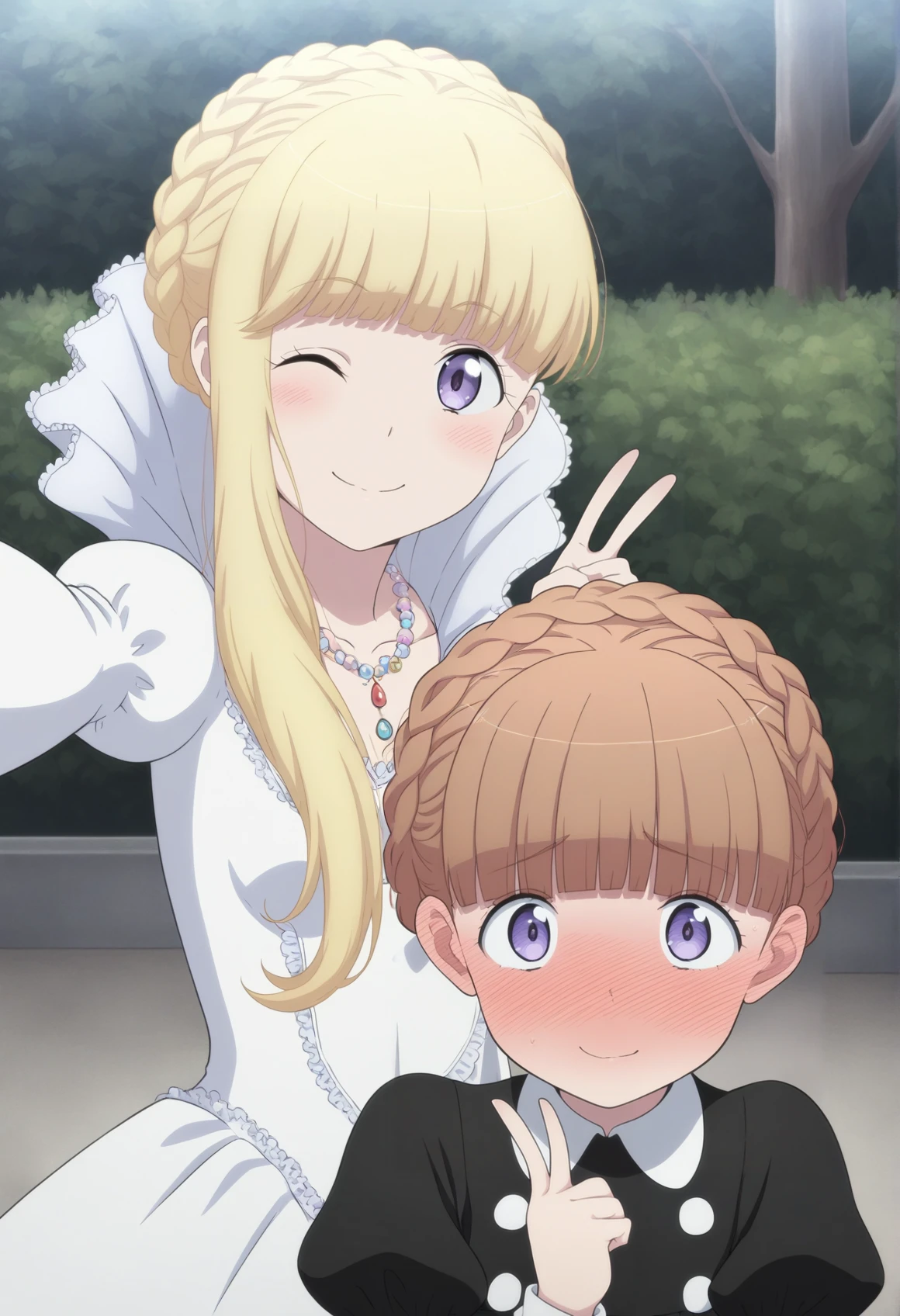 2girls, selfie, v, outdoors, smile, wink, 1girl, long hair, blonde hair, aqua eyes, french braid, single sidelock, white dress, puffy sleeves, long sleeves, supportasse
BREAK
2girls, selfie, v, outdoors, embarrassed, blush, closed mouth, 1girl, brown hair, purple eyes, blunt bangs, french braid, black dress, puffy sleeves, long sleeves
<lora:Aldonoah_illus_ver:0.8>, masterpiece, best quality, amazing quality, very aesthetic, absurdres, highres, newest