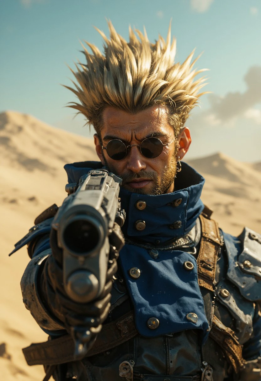 Hyperdetailed photorealistic Closeup, volumetric lighting, Man with spiked Hair, blue high collar scarf, vastyle, Sandy Dusty desert backdrop with billowing translucent clouds, Holding a steaming gun