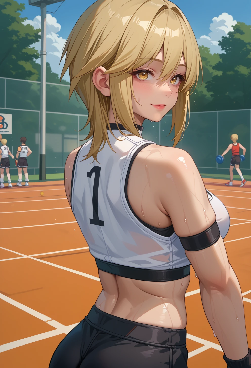 score_9, score_7_up, source_anime, BREAK <lora:AEKylie:0.9> AEKylie, yellow eyes, blonde hair, medium hair, sidelocks, mole under eye, from behind, looking back, smile, outdoors, sportswear, black shorts, sports bra, sweat,