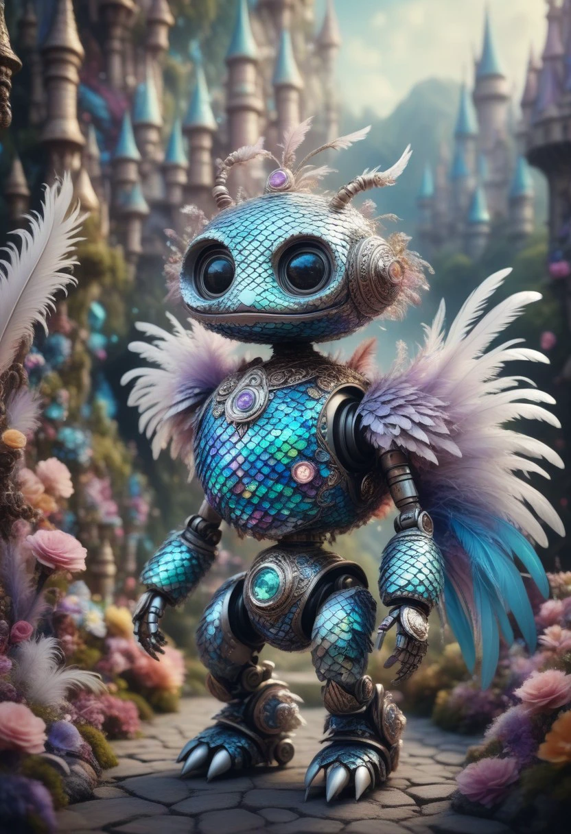 professional photography of an fantastical cute robot, covered in scales and feathers with whimsical elements, flowers and swirling magic, eerie fairytale landscape, elaborate fantasy style art, very colorful, intricate details, ultra sharp, exquisite detail, flawless composition, vivid colors, masterpiece, exciting background with wide cracks