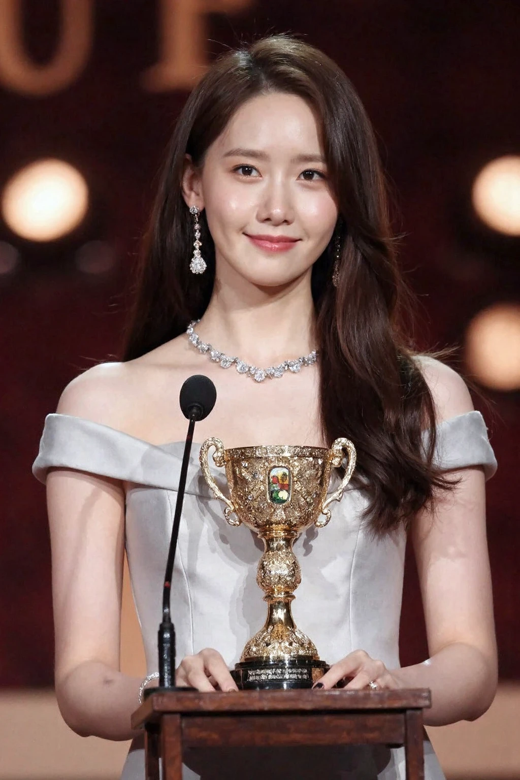 full body shot of beautiful korean girl , long hair, silver formal gown, earrings, giving a speech on podium at an award, intricate gold trophy, necklace, light reflections, pale skin, ,<lora:flux_realism_lora:1>, . <lora:makinaflux_yoona_v1.0:1>, smile