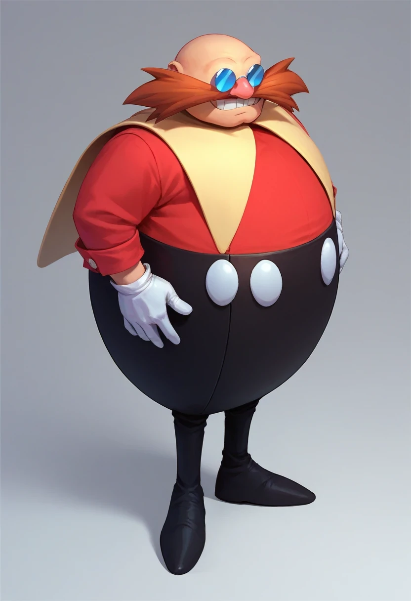 Classic_dr_Eggman, solo, 1boy, gloves, standing, full body, male focus, teeth, glasses, white gloves, facial hair, round eyewear, mustache, bald, red shirt